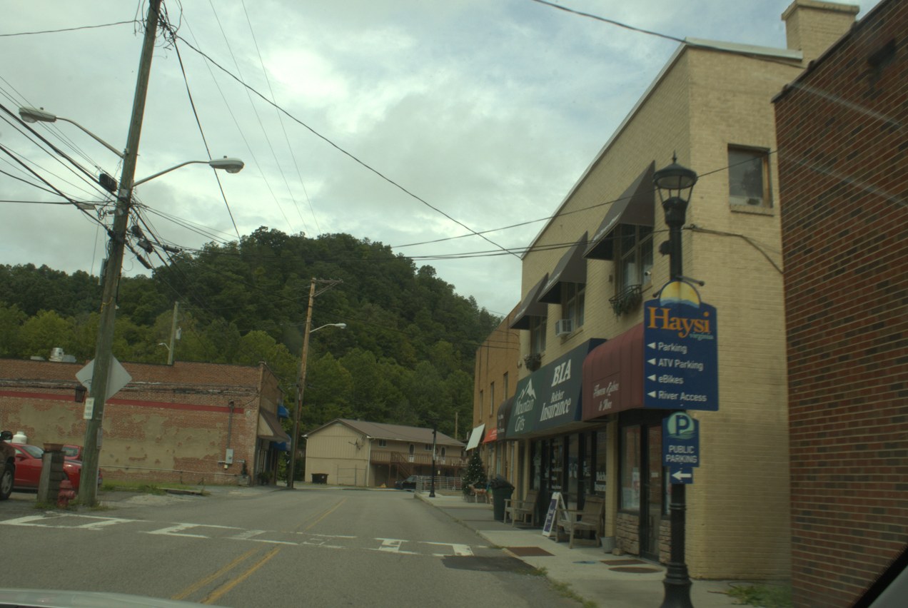 A downtown Haysi junction with the town wayfinding sign.