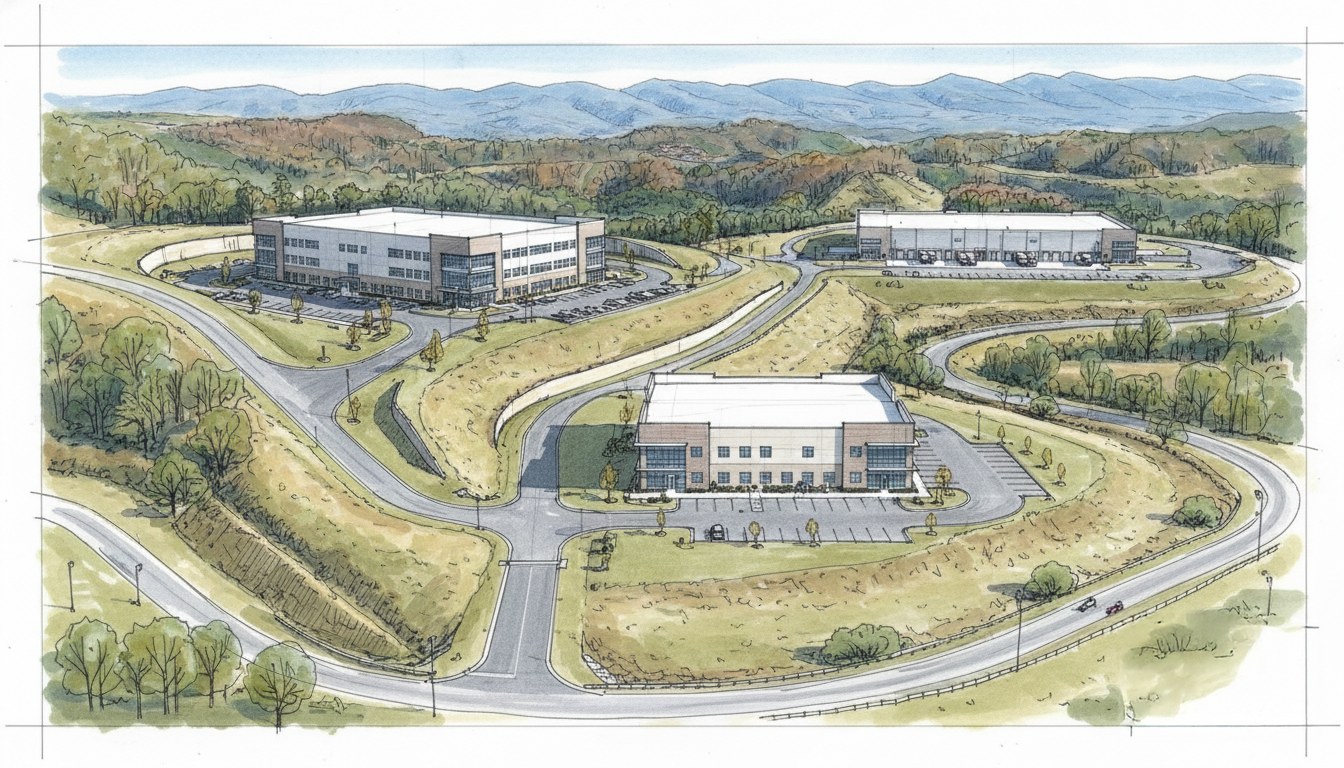 Conceptual illustration of industrial buildings arranged across the Red Onion Industrial Park site.